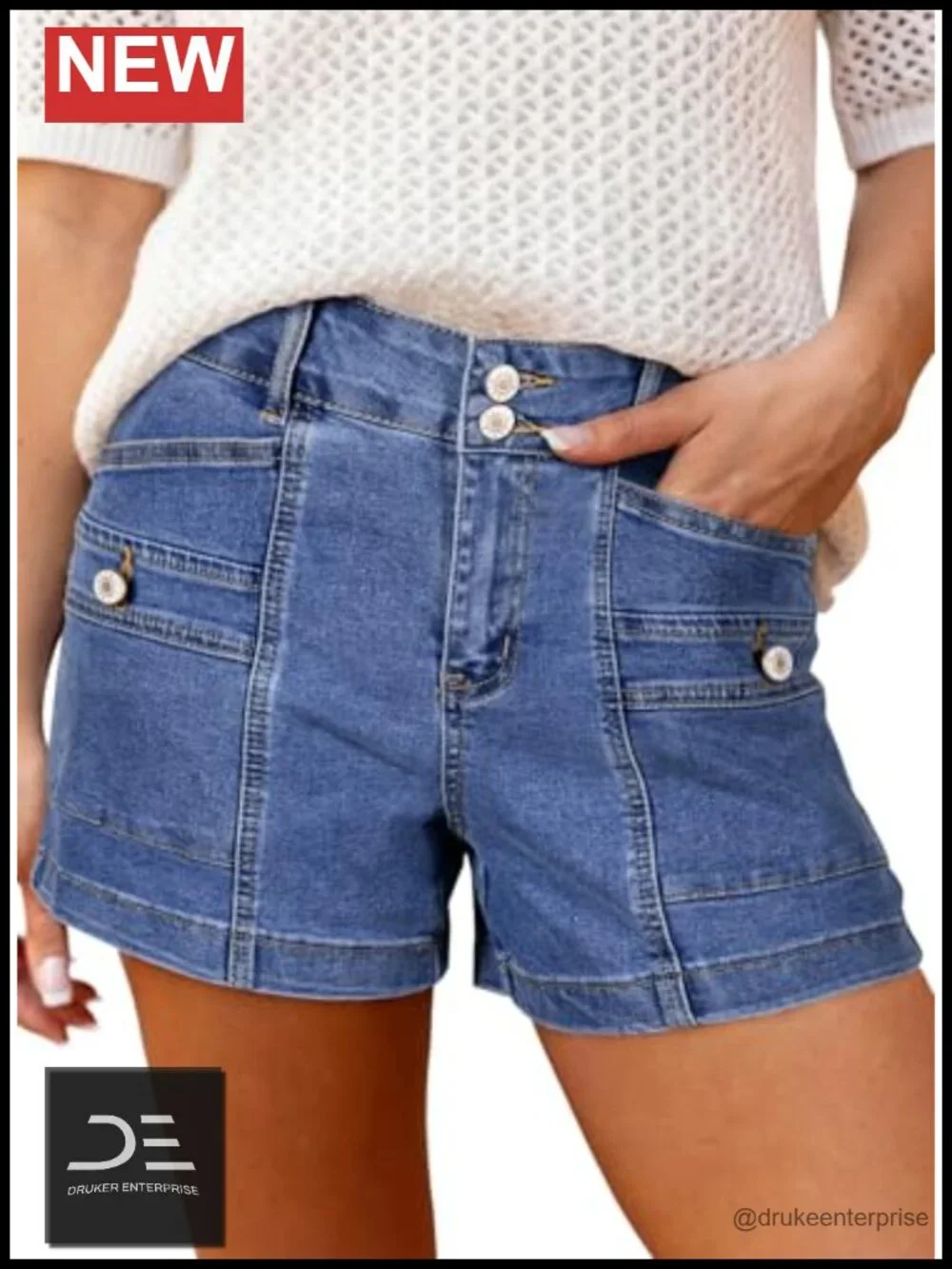 High Waisted Stretchy Denim Shorts with Double Button Fly, Casual
